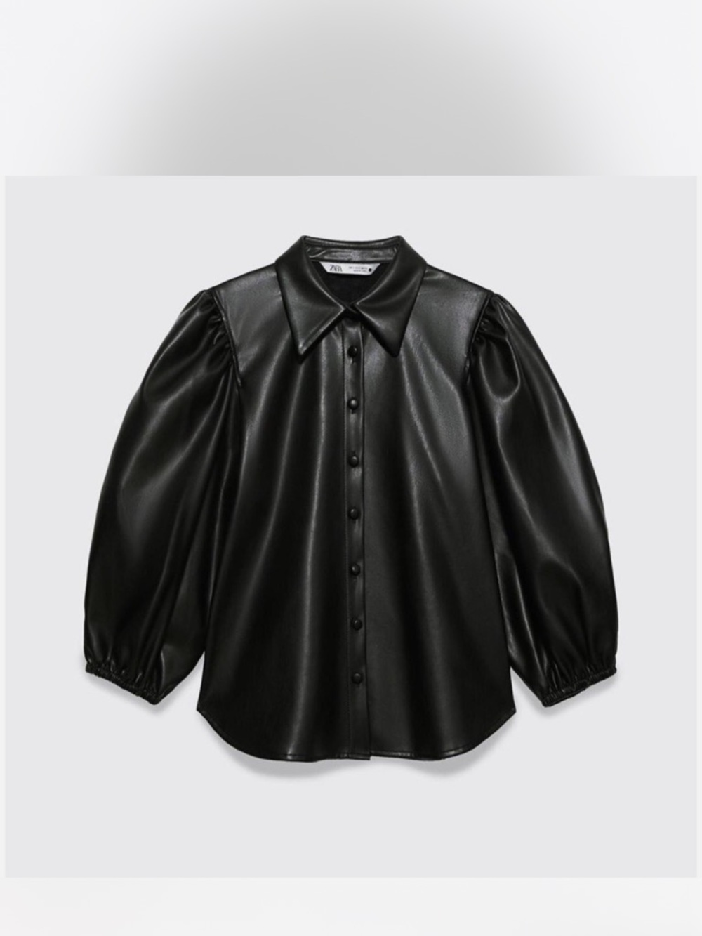 Zara Black Faux-Leather Puff Sleeve Button-Down Shirt
